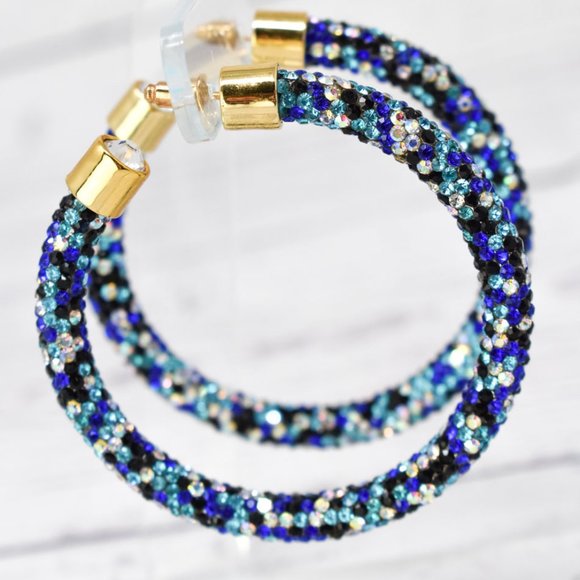 2.5" Blue Tones Pave Wrap Rhinestone Hoop Earrings - Picture 2 of 6